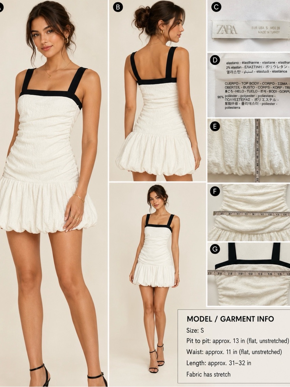 ZARA Women’s White Black Ruched Bubble Hem Mini Dress Size S